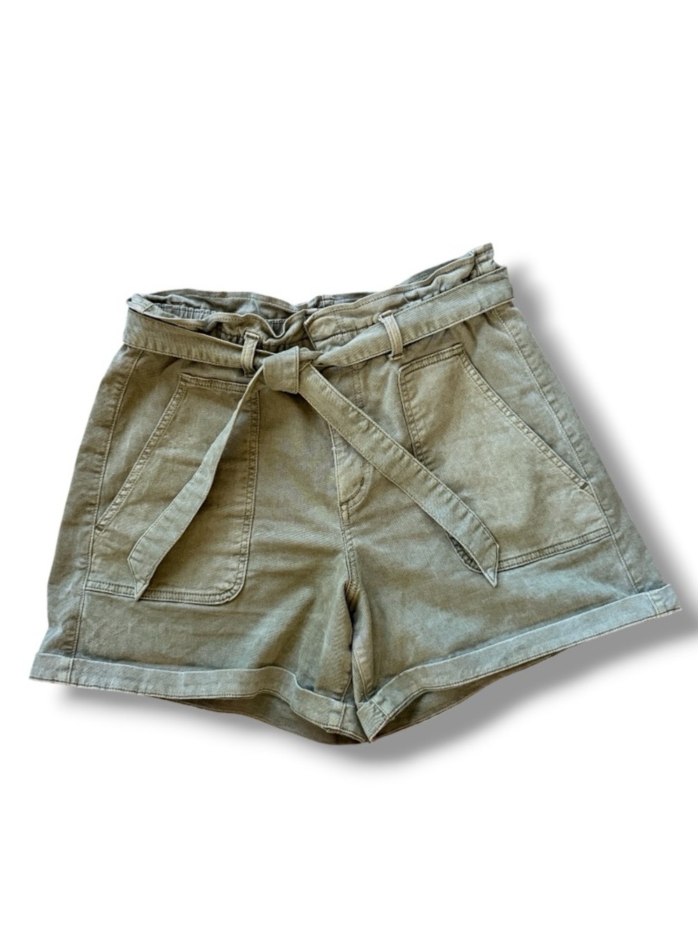 LOFT Olive Denim Paperbag Waist Belted Mom Shorts Size Medium - Picture 3 of 10
